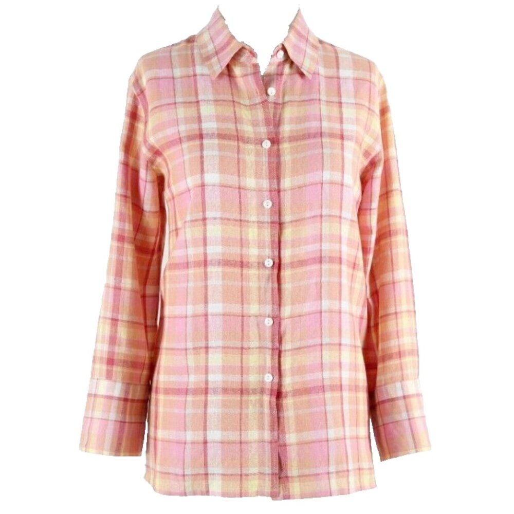 Charter Club Sz 8 Pink Orange Multi Plaid Button Up 100% Linen Shirt